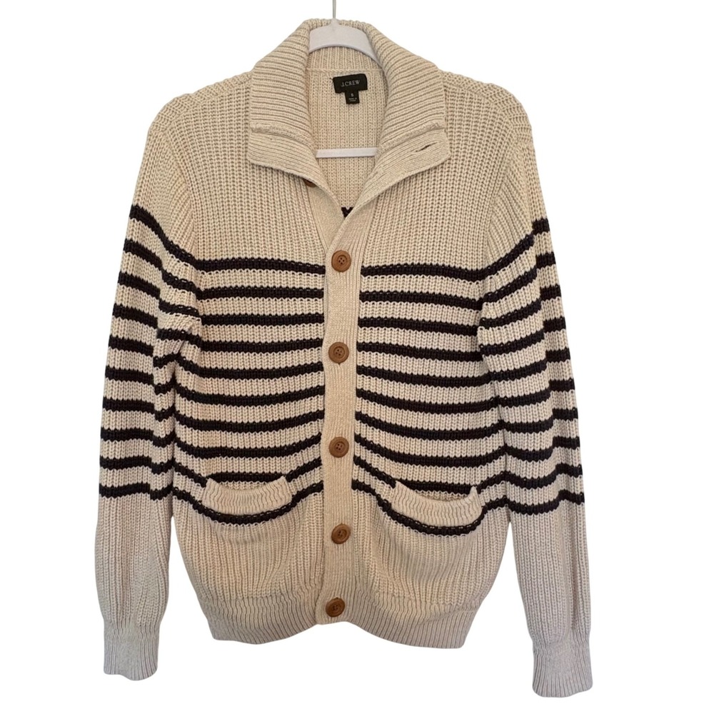J.Crew Mens S Striped Fisherman Cardigan Sweater Shawl Collar Cream Navy Cotton